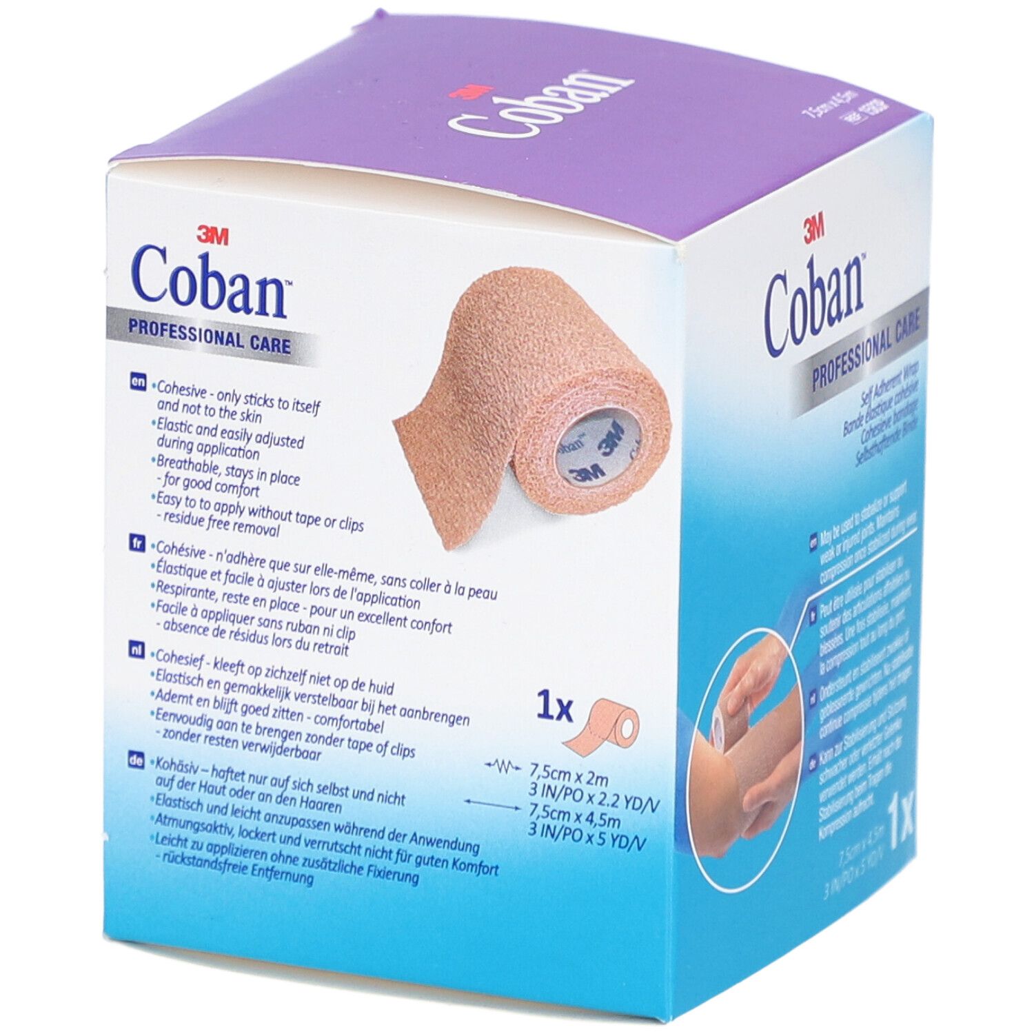 Emballage de bandage Coban. Illustration et caractéristiques. Violet et blanc.