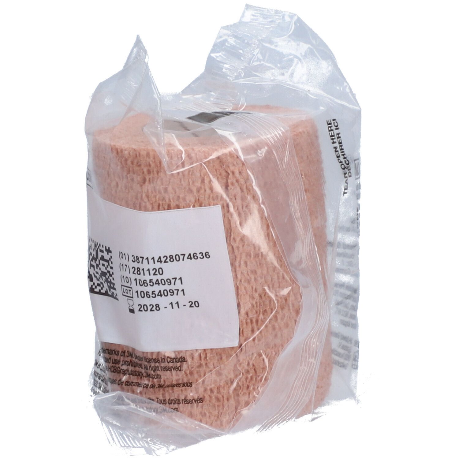 Dos de l'emballage de bandage Coban. Informations et logos. Violet et blanc.