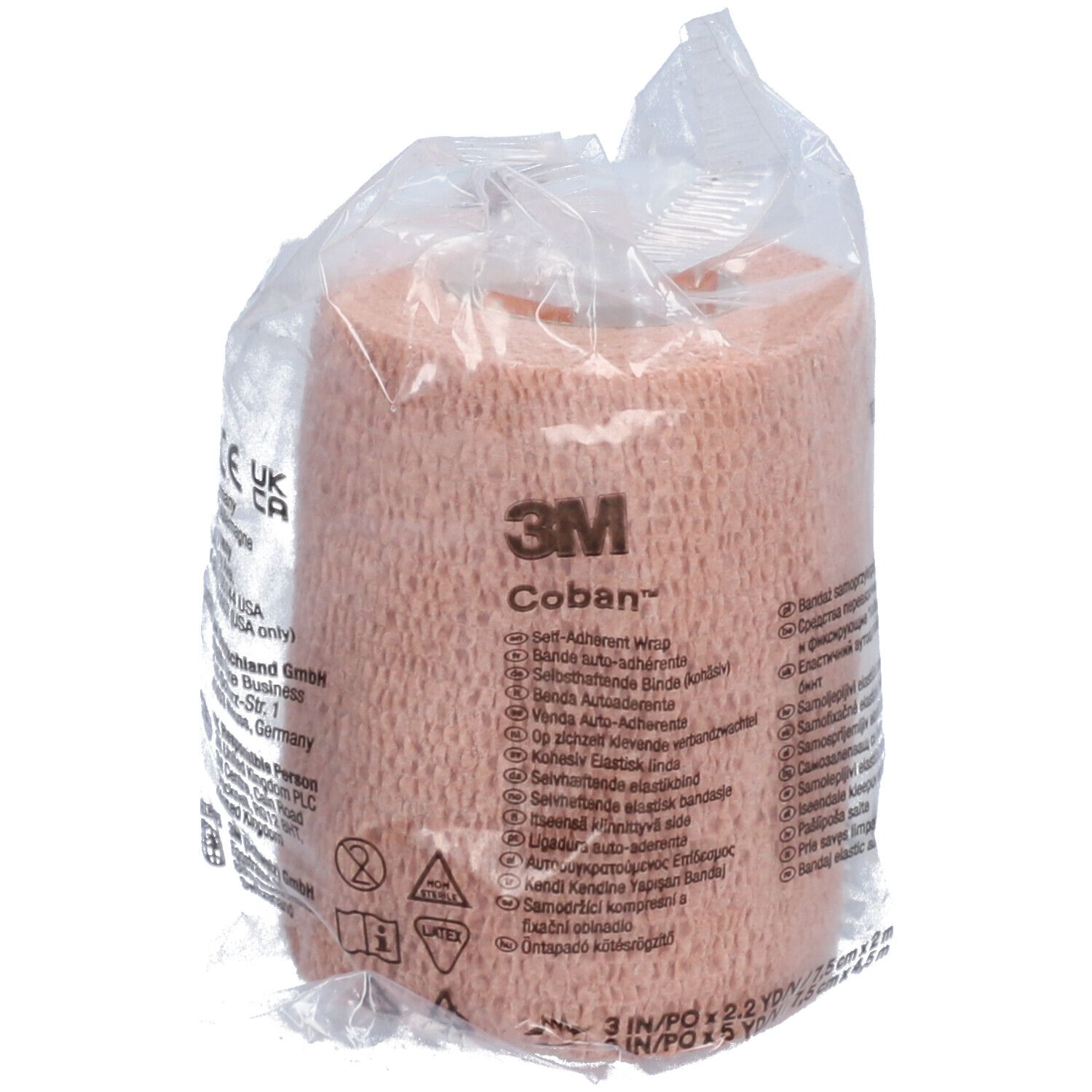 Dos de l'emballage de bandage Coban. Instructions d'application. Violet et blanc.