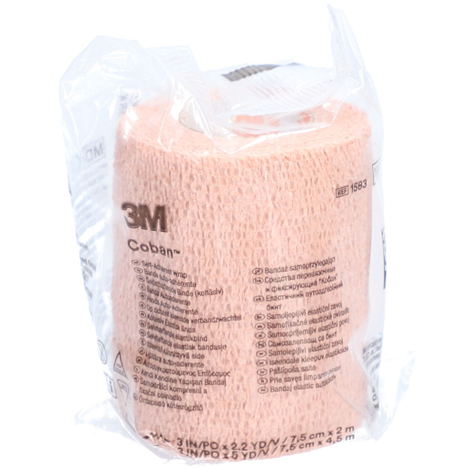 Emballage de bandage Coban. Illustration et caractéristiques. Violet et blanc.