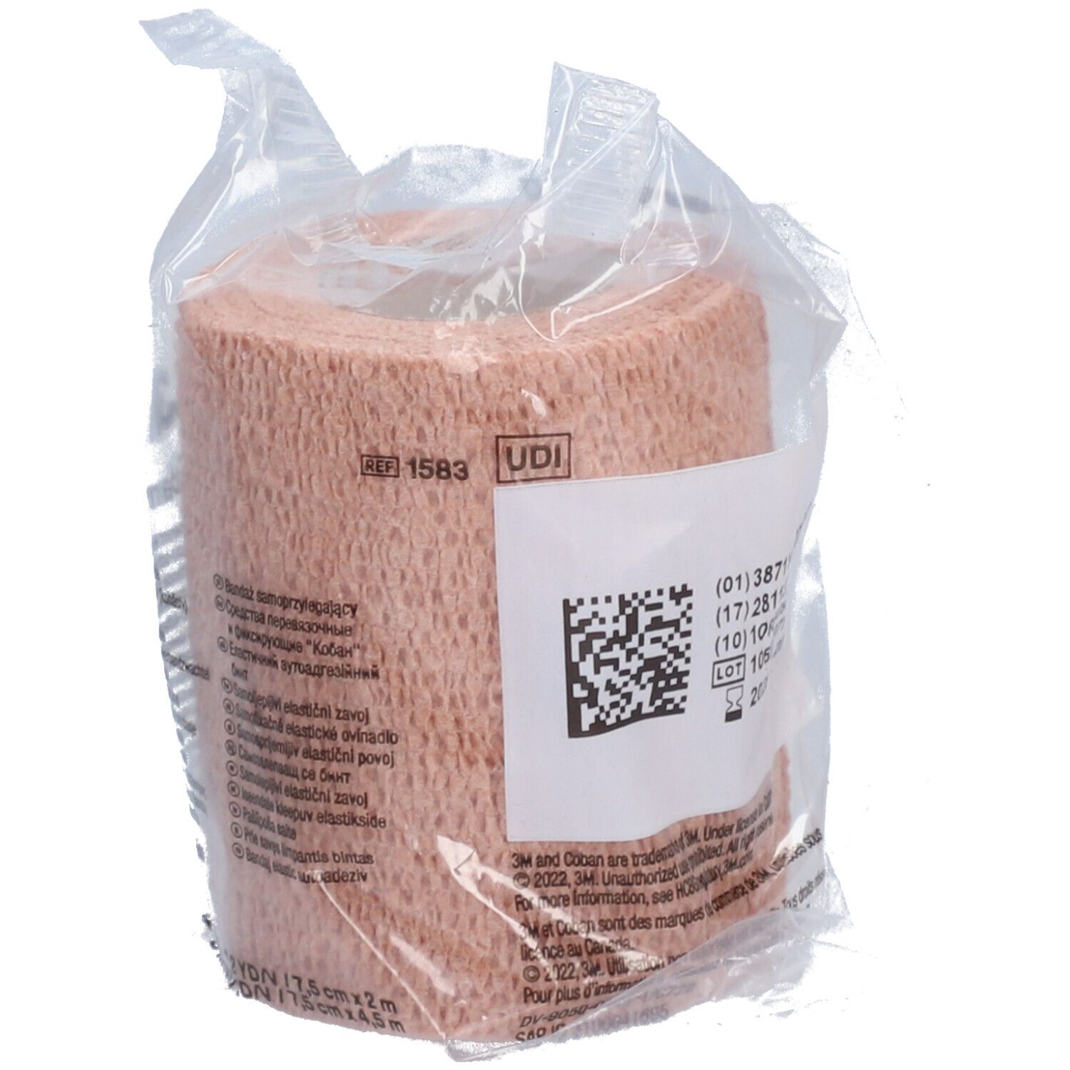 Emballage de bandage Coban. Illustration et caractéristiques. Violet et blanc.