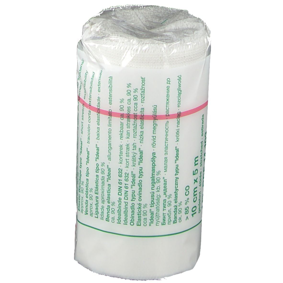 Bande élastique Idealbinde, 10 cm x 5 m, emballée dans du film plastique. Fixée avec un élastique rouge.