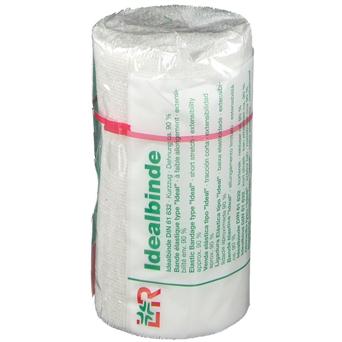 Bande élastique Idealbinde, 10 cm x 5 m, emballée dans du film plastique. Fixée avec un élastique rouge.