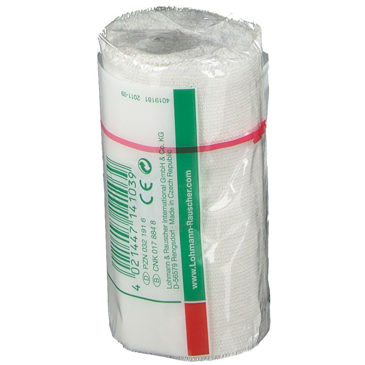 Bande élastique Idealbinde, 10 cm x 5 m, emballée dans du film plastique. Fixée avec un élastique rouge.