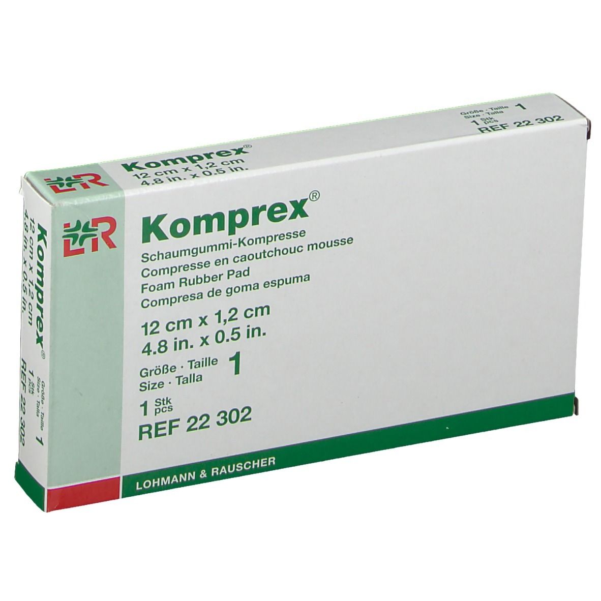 Verpakking Komprex schuimrubber kompres. Maat 1, 12 cm x 1,2 cm. Bevat 1 stuk. REF 22 302.