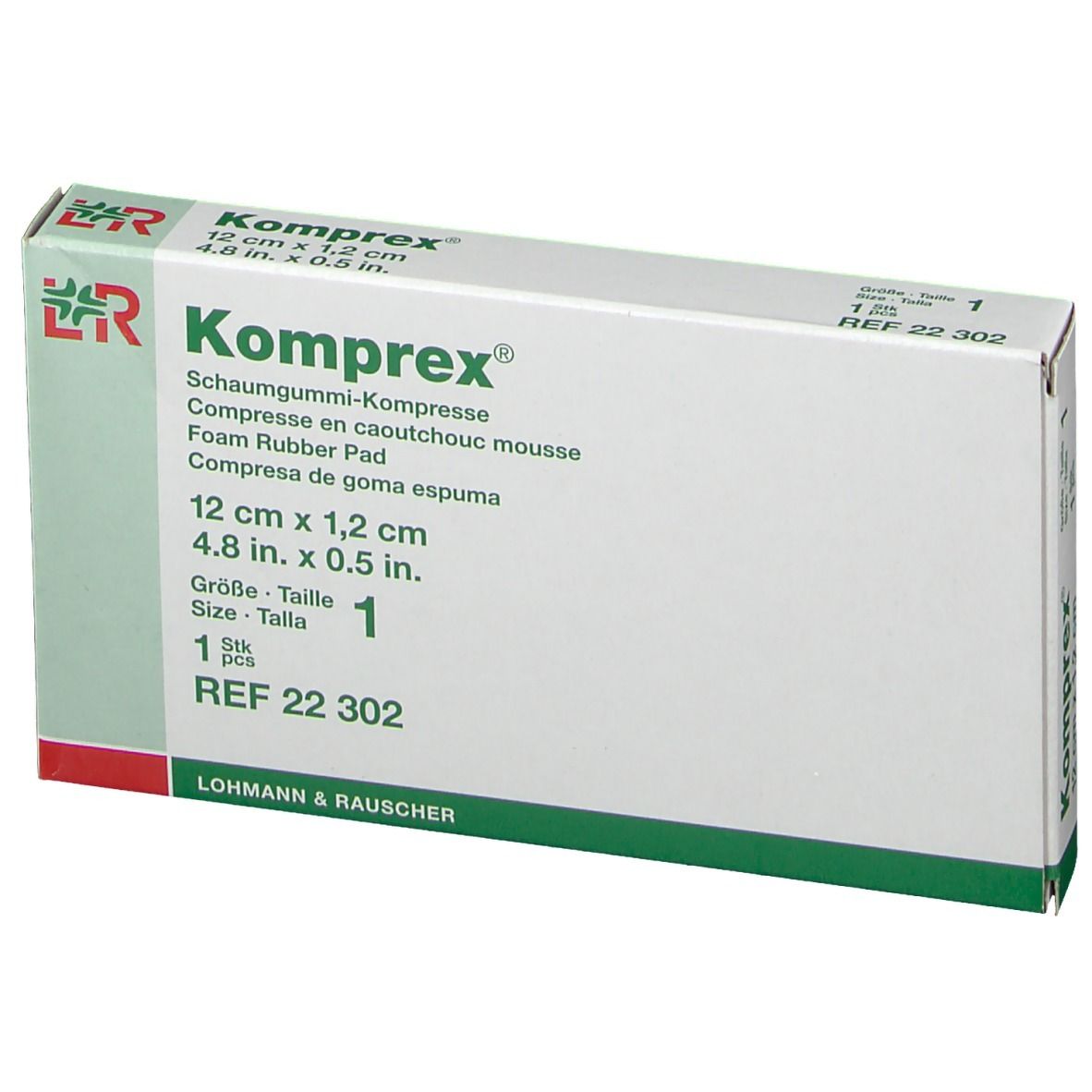Komprex schuimrubber kompres verpakking. Maat 1, 12 cm x 1,2 cm. Bevat 1 stuk. REF 22 302.