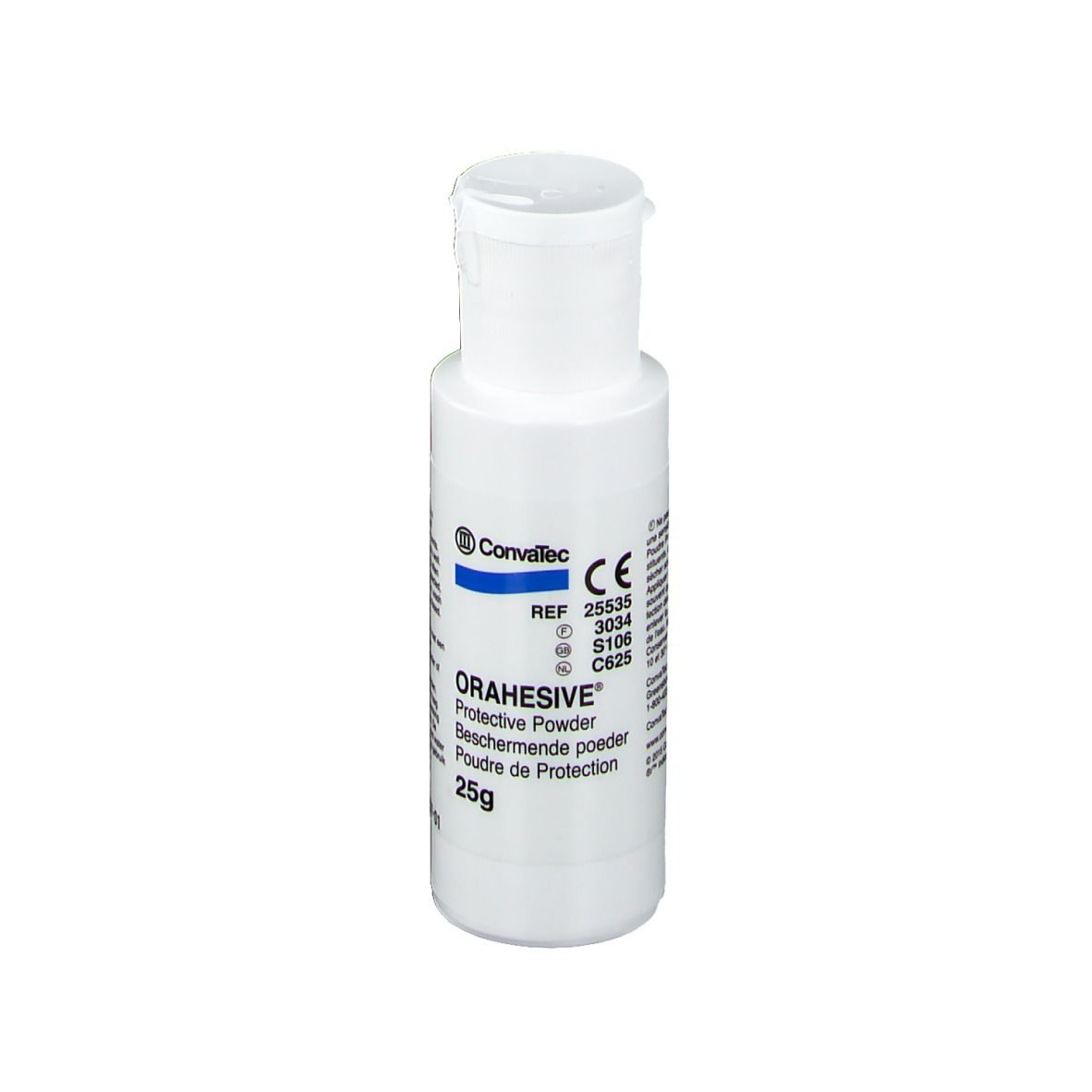 Flacon blanc Orahesive, nom du produit et 25g. Marquage CE.