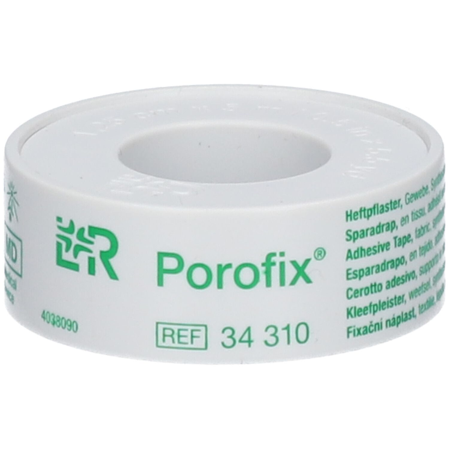 Rol Porofix® pleister. Witte tape met groen logo en tekst. REF 34 310.
