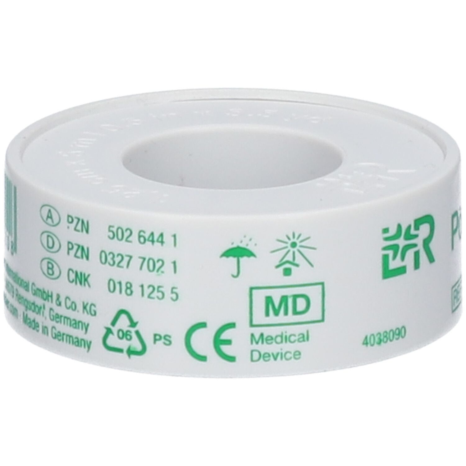 Rol pleister. Witte tape met groen logo, tekst en PZN-nummers. MD Medical Device-markering.