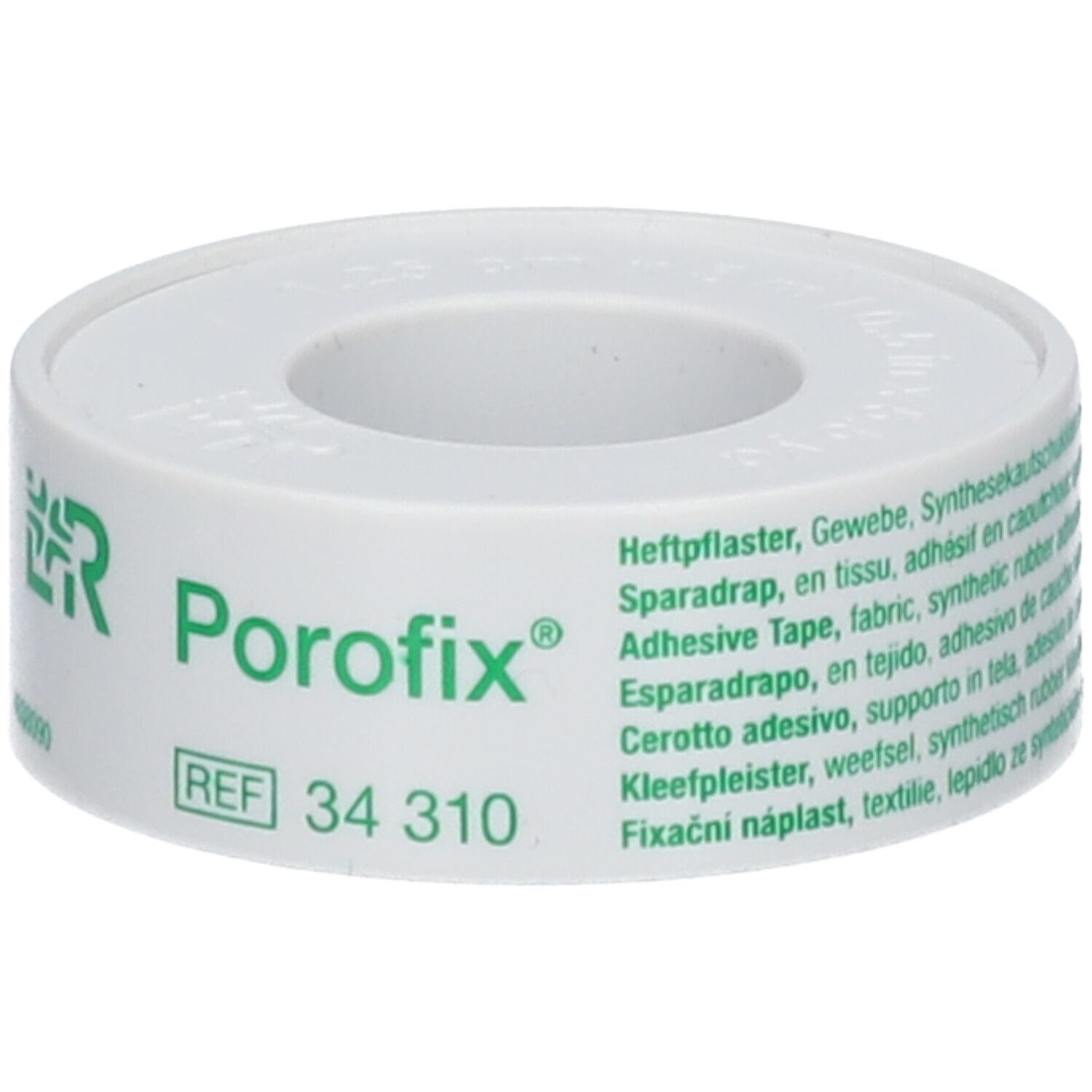Rol Porofix® pleister. Witte tape met groen logo en tekst. REF 34 310.