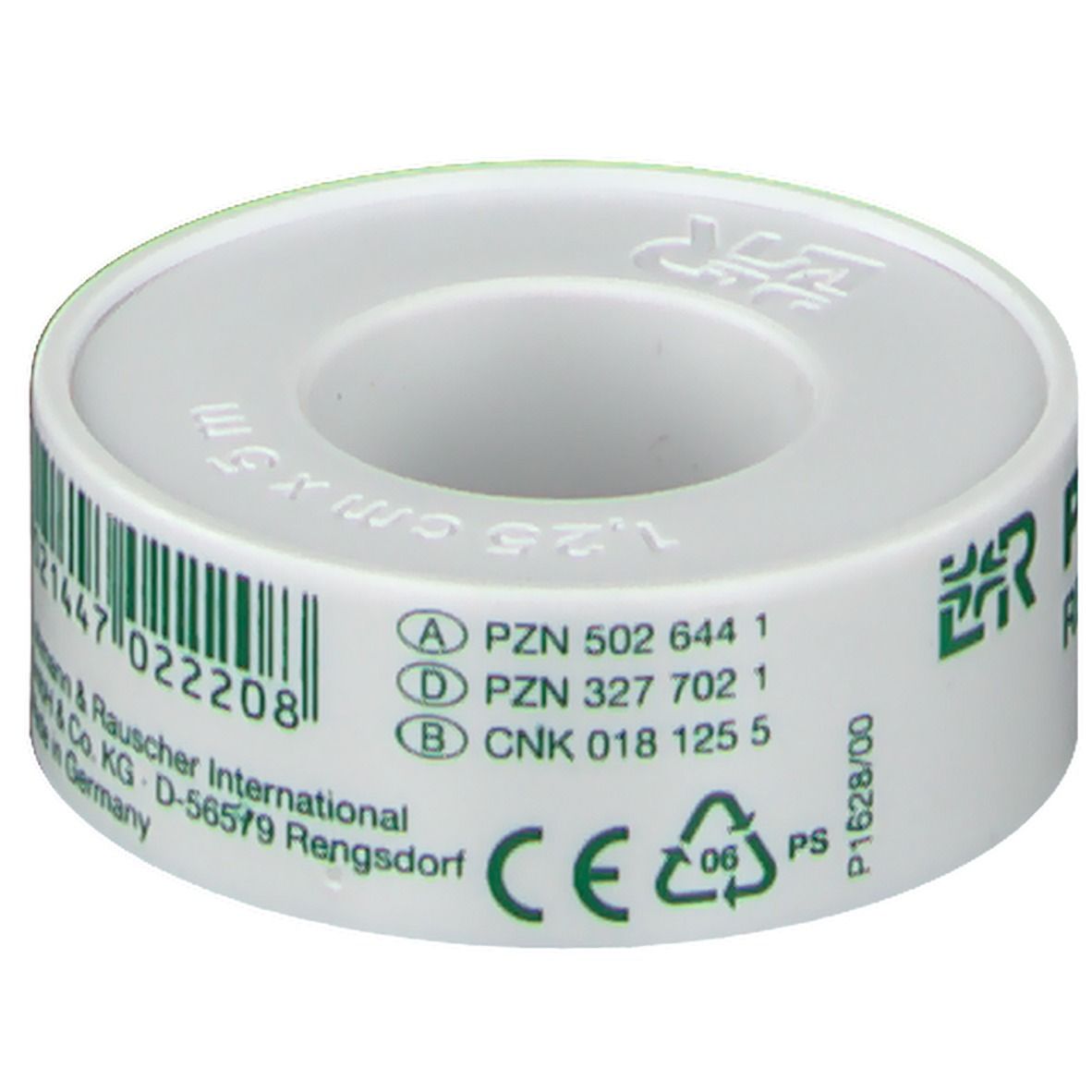 Rol pleister. Witte tape met groen logo en tekst. Opdruk: pleister, weefsel, synthetisch rubber.