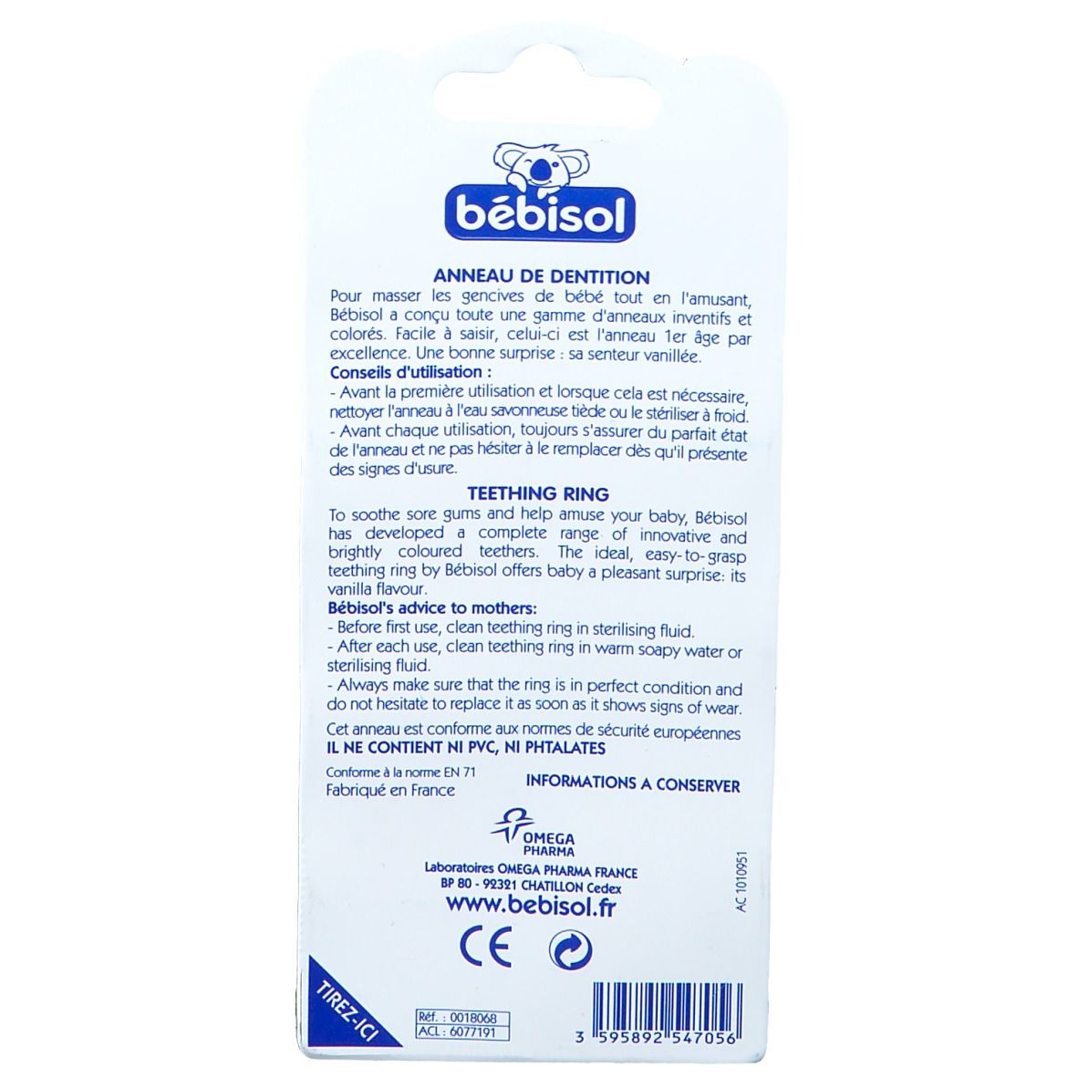 Achterkant van de verpakking. Tekst: Bébisol, Anneau de dentition. Informatie over gebruik en verzorging van de bijtring.