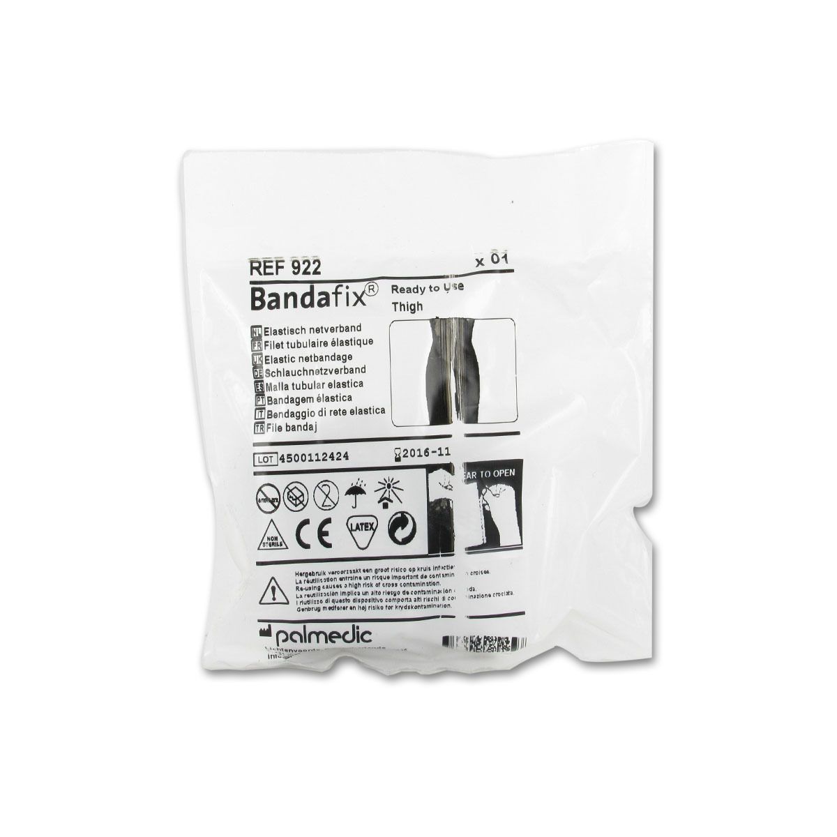 Verpakking met Bandafix, elastisch netverband. Bevat informatie zoals REF 922, CE-markering en latex-symbool.