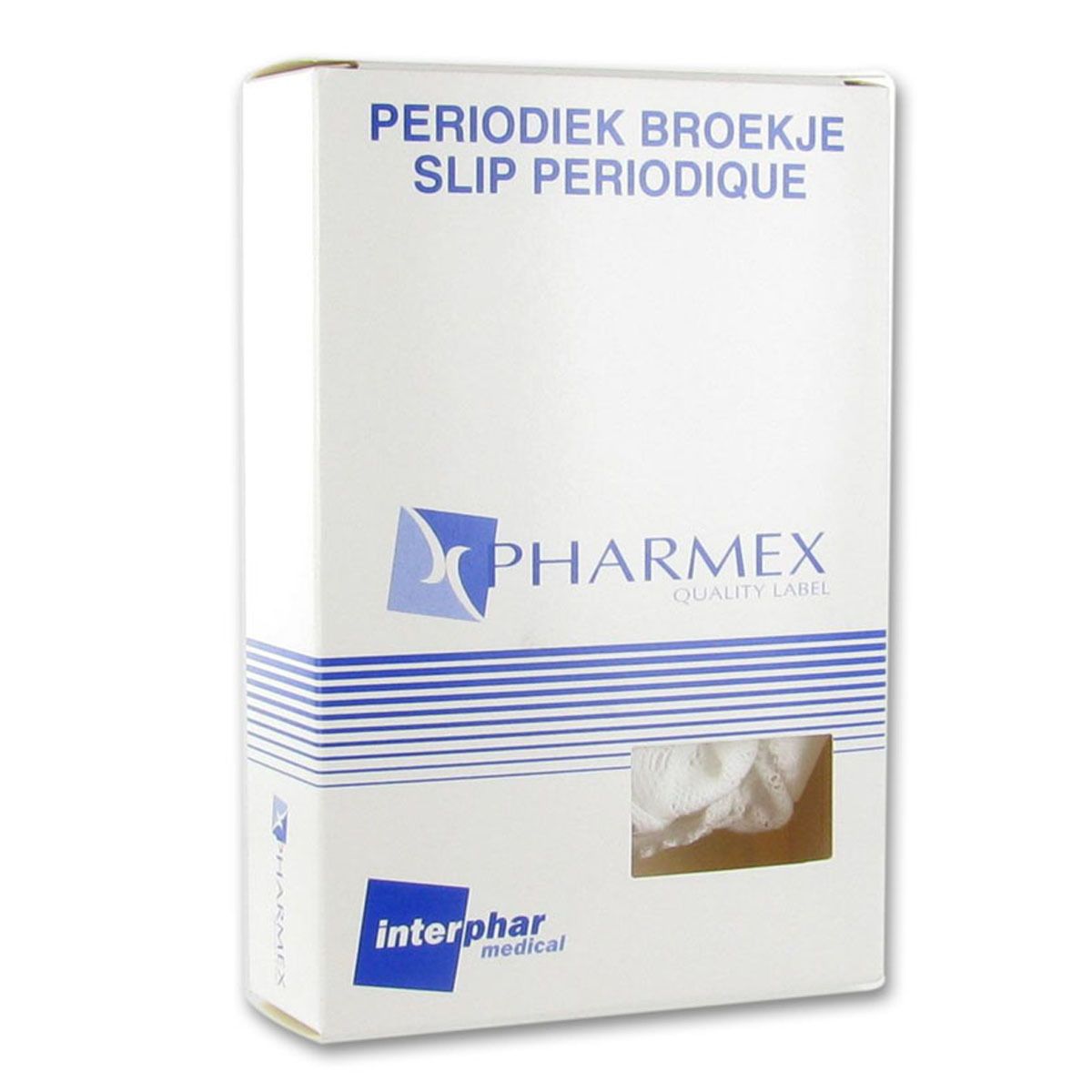 Witte doos met 'Pharmex' en 'Interphar medical' logo. Tekst: 'Periodiek Broekje/Slip Periodique'. Venster met product zichtbaar.