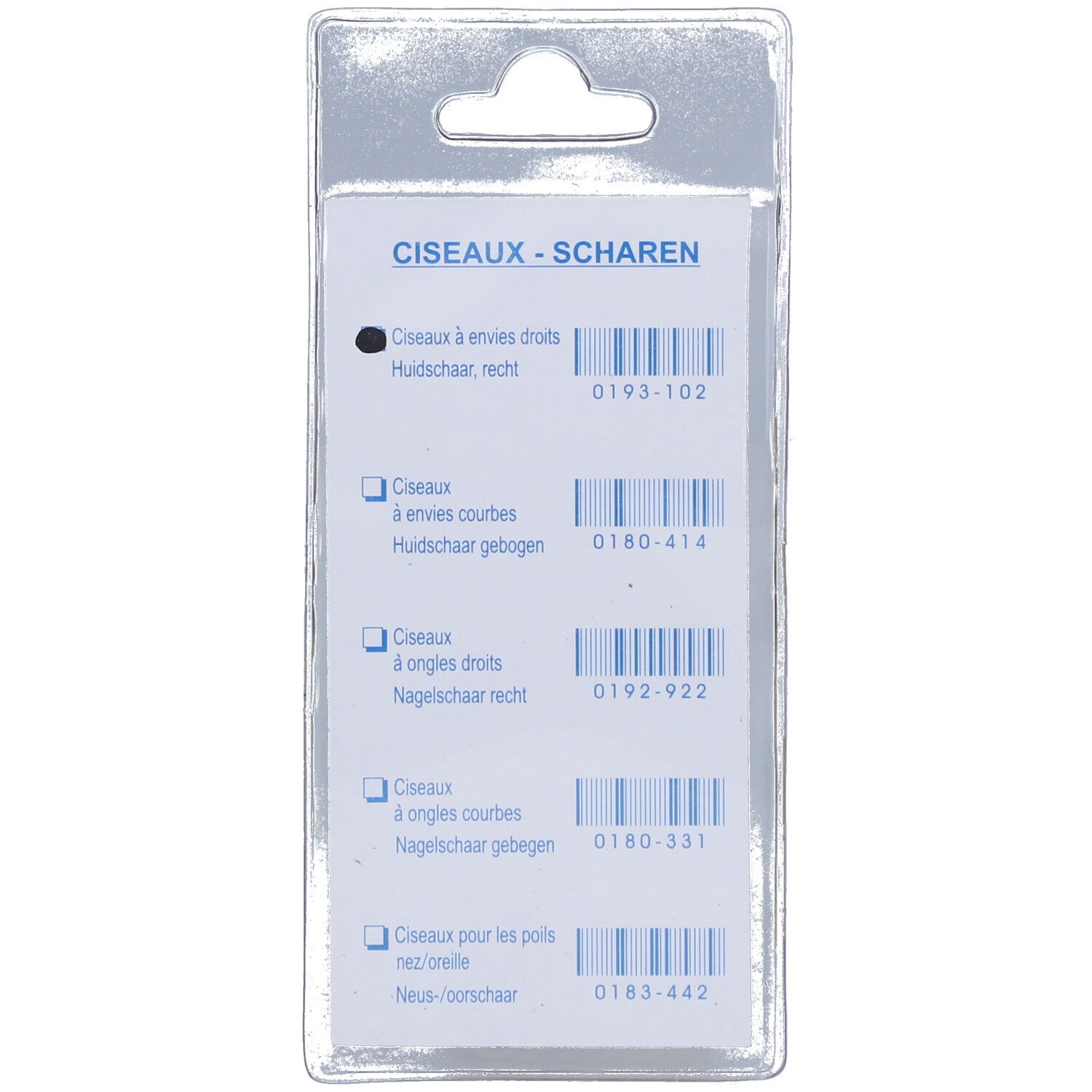 Achterkant van de blisterverpakking met productoverzicht. Opsomming van verschillende soorten scharen met barcodes.