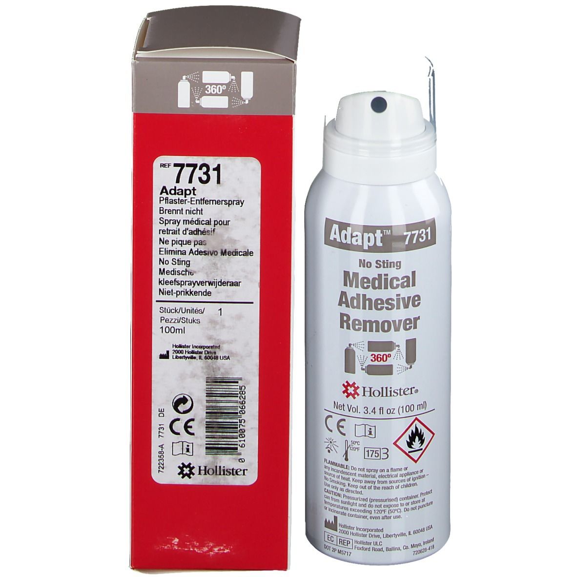 Adapt-doos en spuitbus. Bus: Adapt, 7731, Medical Adhesive Remover. Hollister-logo. Gevaarsymbool.