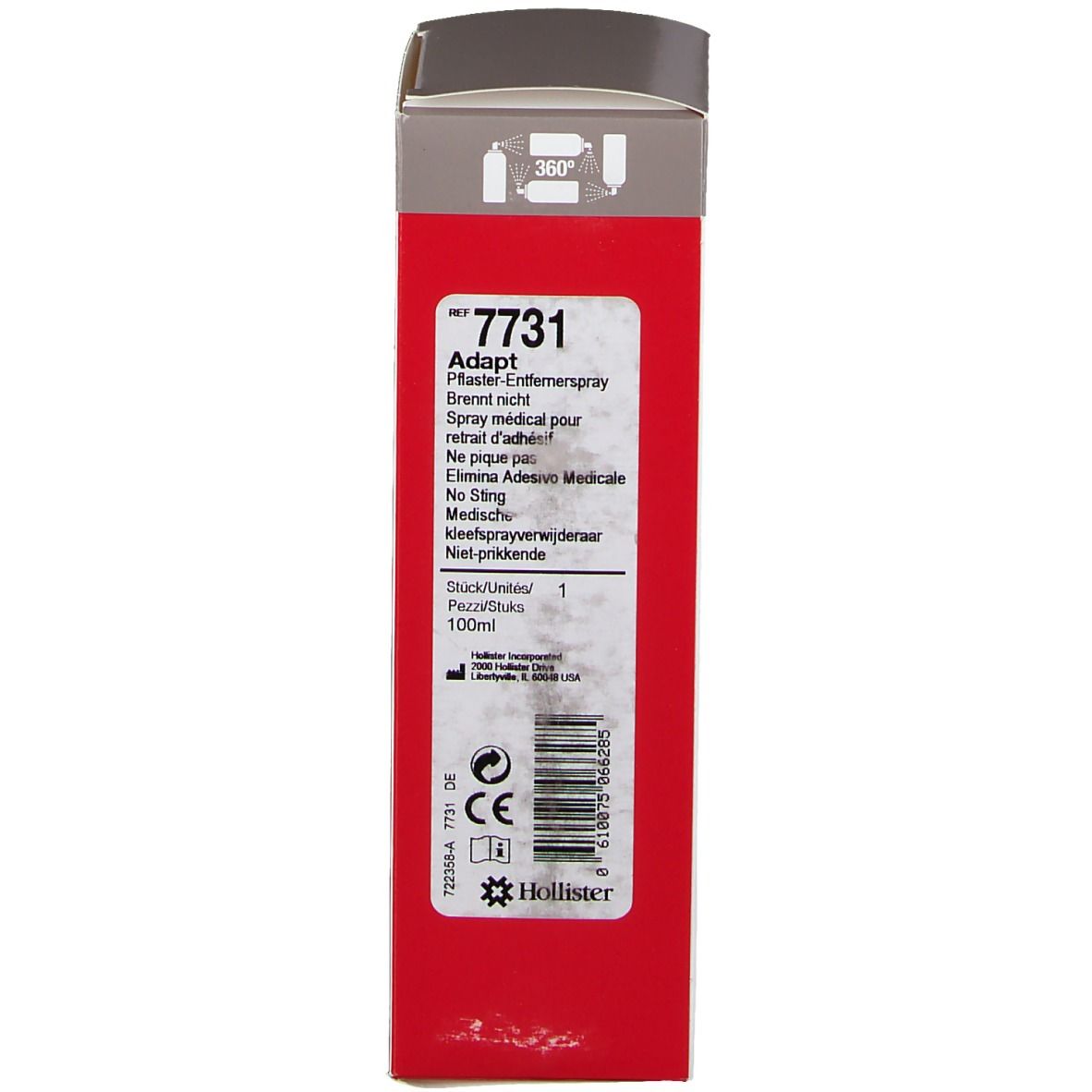 Adapt-doos. Rode en witte verpakking. Tekst: Adapt, 7731, medische spray. CE-markering. Streepjescode.