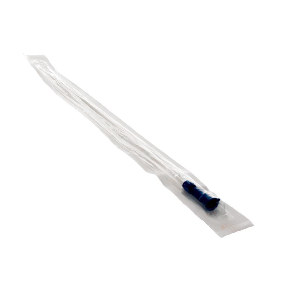 Sonde médicale bleue dans un emballage transparent. Un connecteur bleu est visible.