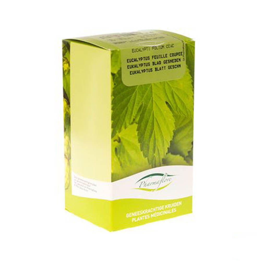 Kartonnen verpakking met Pharmaflore-logo en tekst. Meertalige tekst: Eucalyptus Feuille Coupée.