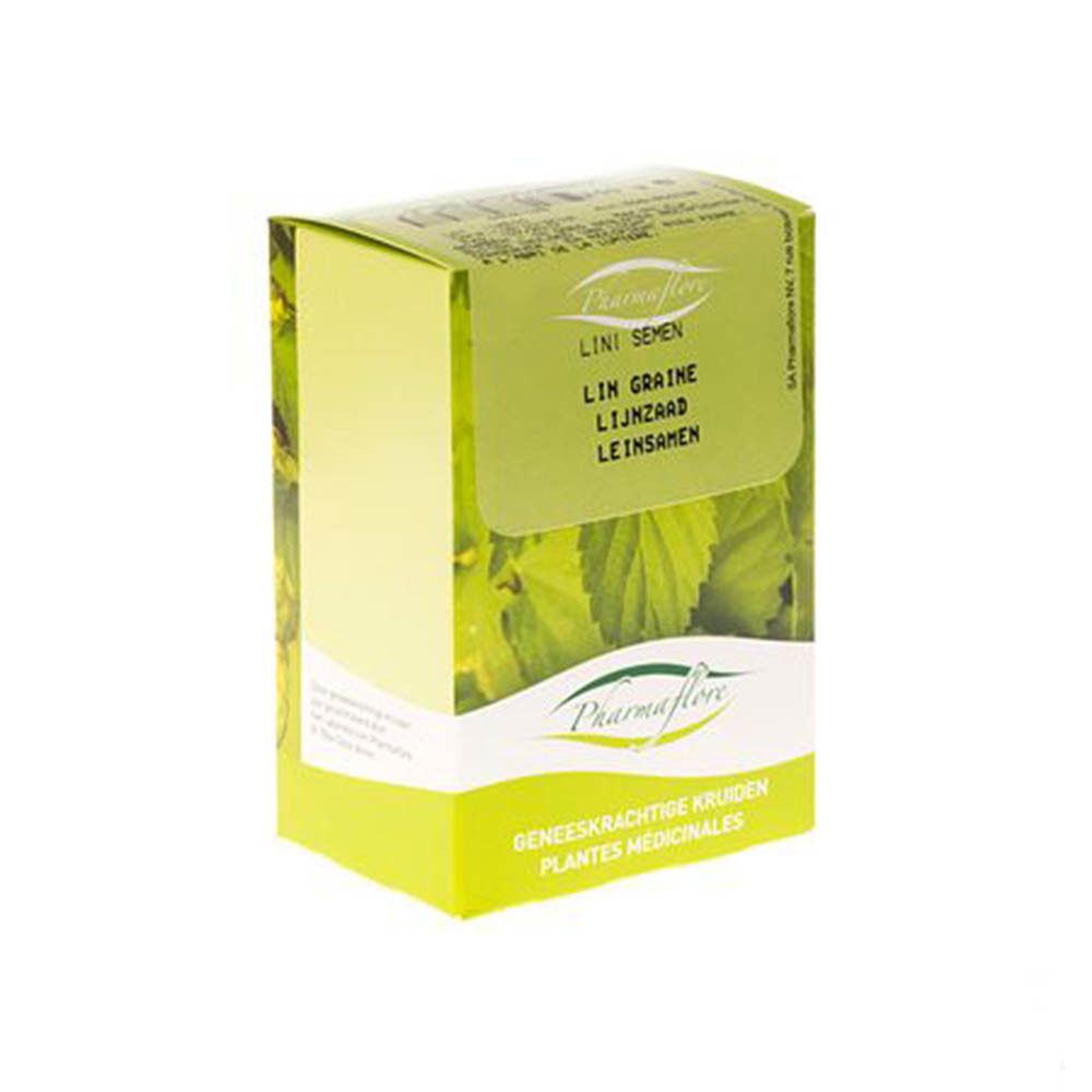 Boîte verte Pharmaflore. Texte : Lini Semen, Lin Graine, Lijnzaad, Leinsamen. Plantes médicinales.