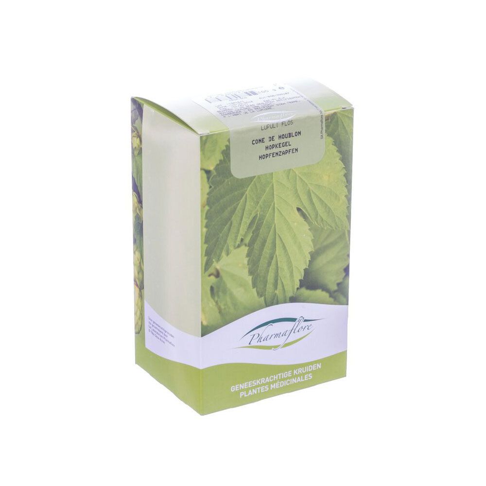 Boîte en carton Pharmaflore, Cône de houblon, avec feuilles vertes. Inscriptions en plusieurs langues. Design vert et blanc.