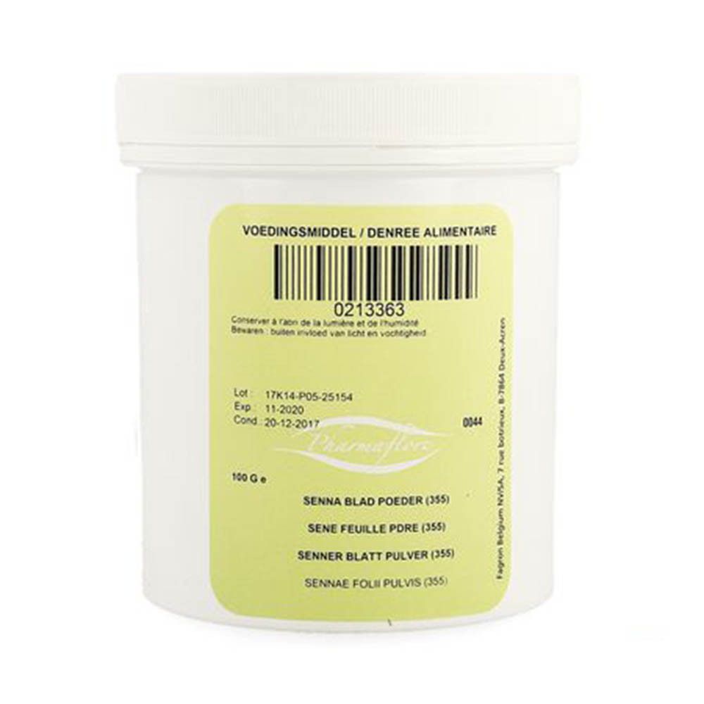 Witte pot met deksel. Etiket met productinfo en Pharmaflore-logo. Sennebladpoeder.