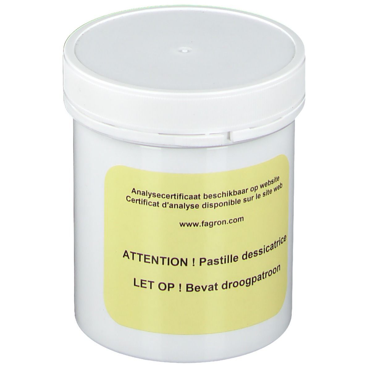 Witte pot met geel etiket. Tekst: Analysecertificaat beschikbaar op website. ATTENTION ! Pastille dessicatrice. Bevat droogpatroon.