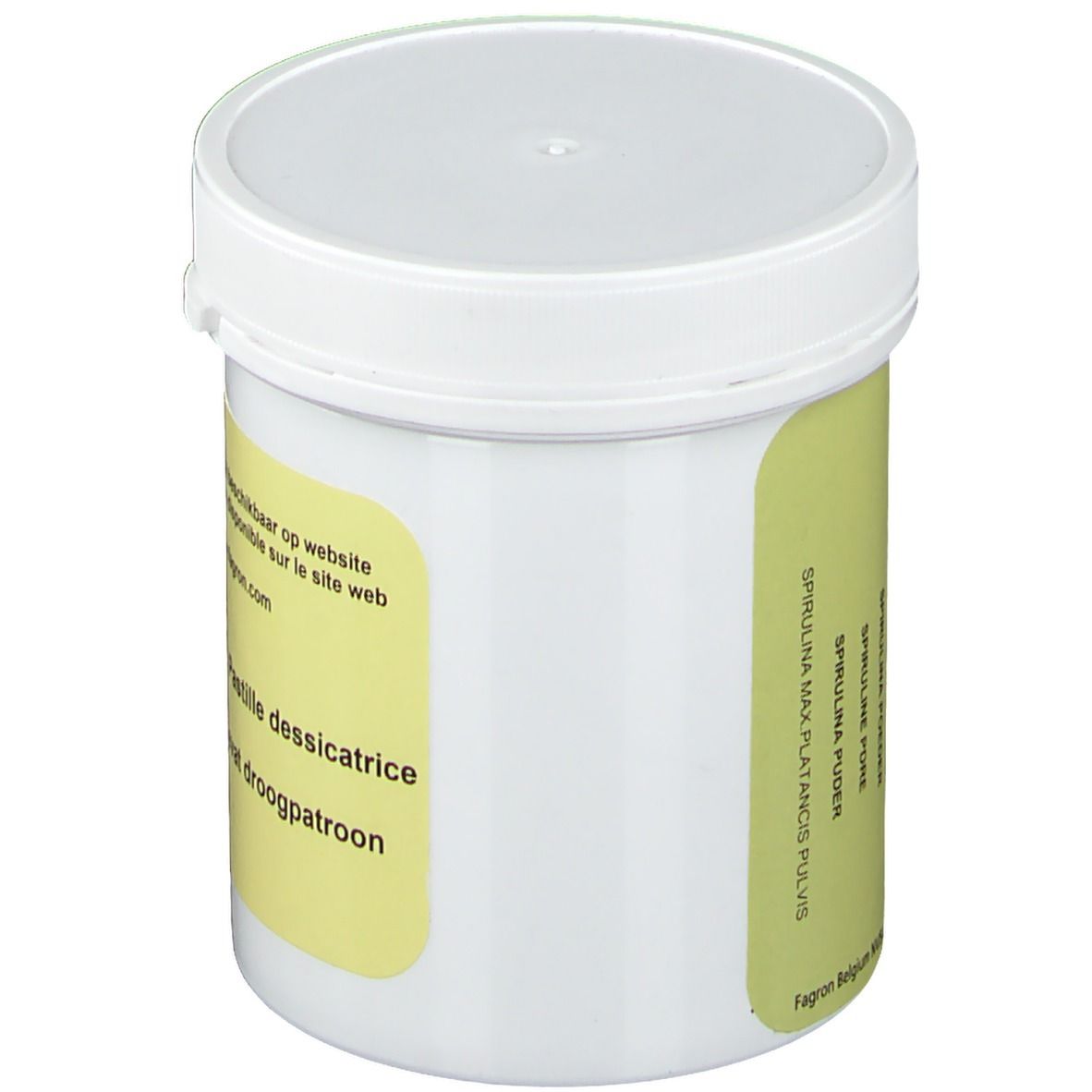 Witte pot met geel etiket. Tekst: Spirulina Max Plantatis Pluv. Spirulina Poudre. FAGRON. Opschrift op de zijkant.