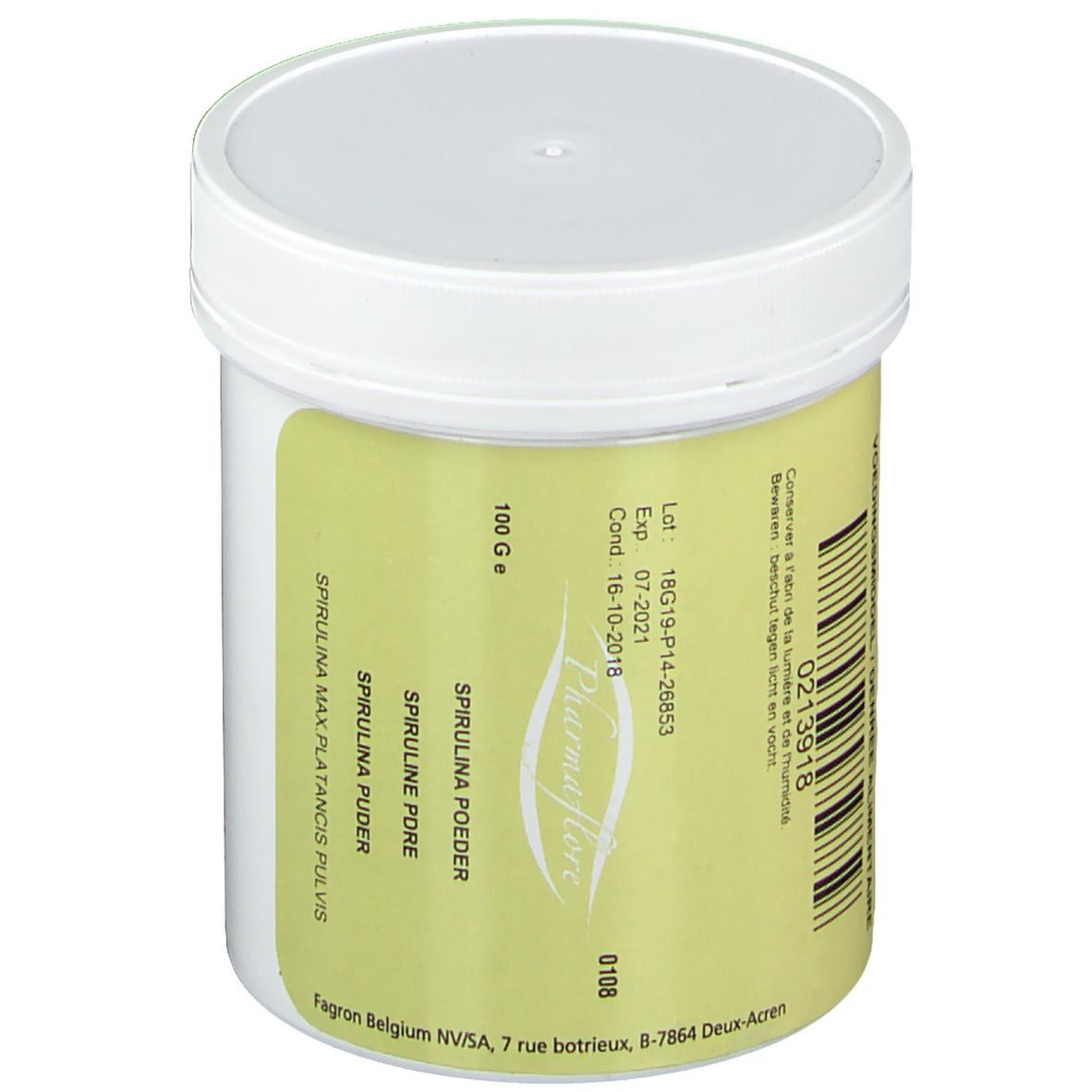 Witte pot met geel etiket. Tekst: 100 g. Spirulina Poudre. Pharmaflore. Vervaldatum en lotnummer.