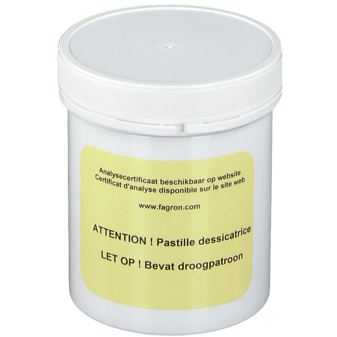 Witte pot met geel etiket. Tekst: Analysecertificaat beschikbaar op website. ATTENTION ! Pastille dessicatrice. Bevat droogpatroon.
