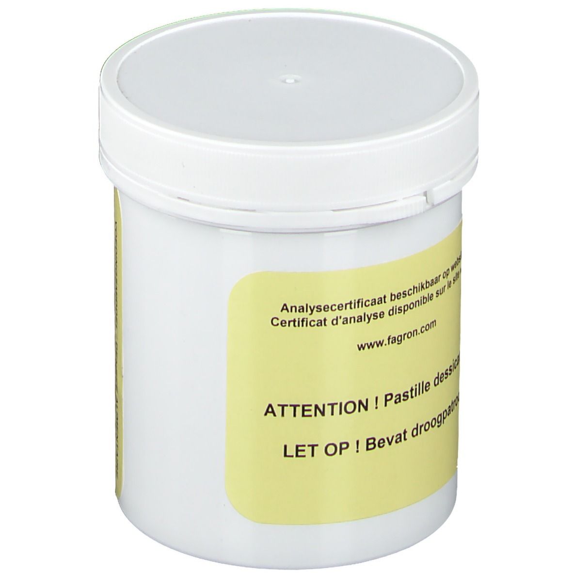 Witte pot met geel etiket. Tekst: Analysecertificaat beschikbaar op website. ATTENTION ! Pastille dessicatrice. Bevat droogpatroon.
