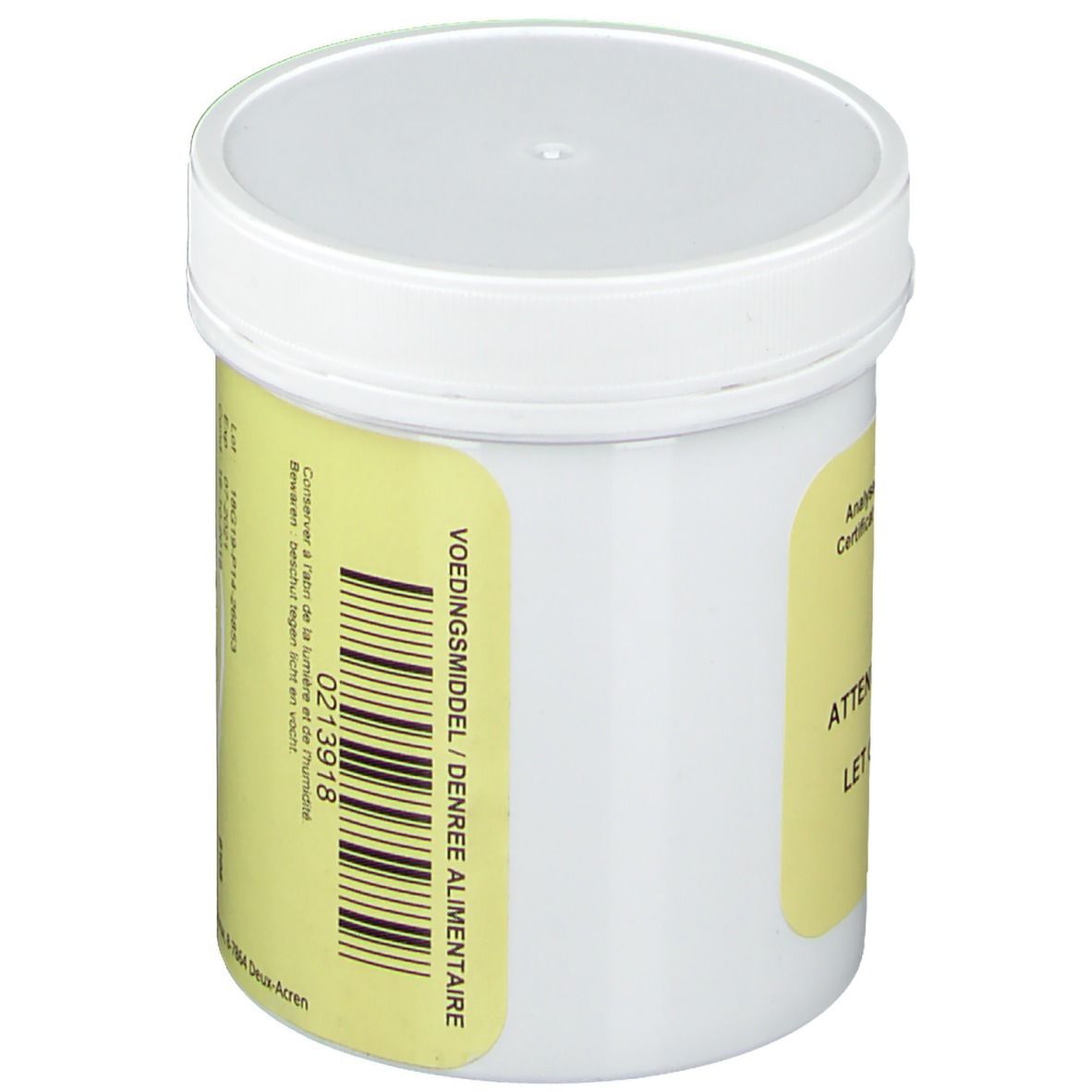 Witte pot met geel etiket en barcode. Tekst: Voedingsmiddel/Denrée alimentaire. Meer info op het etiket.