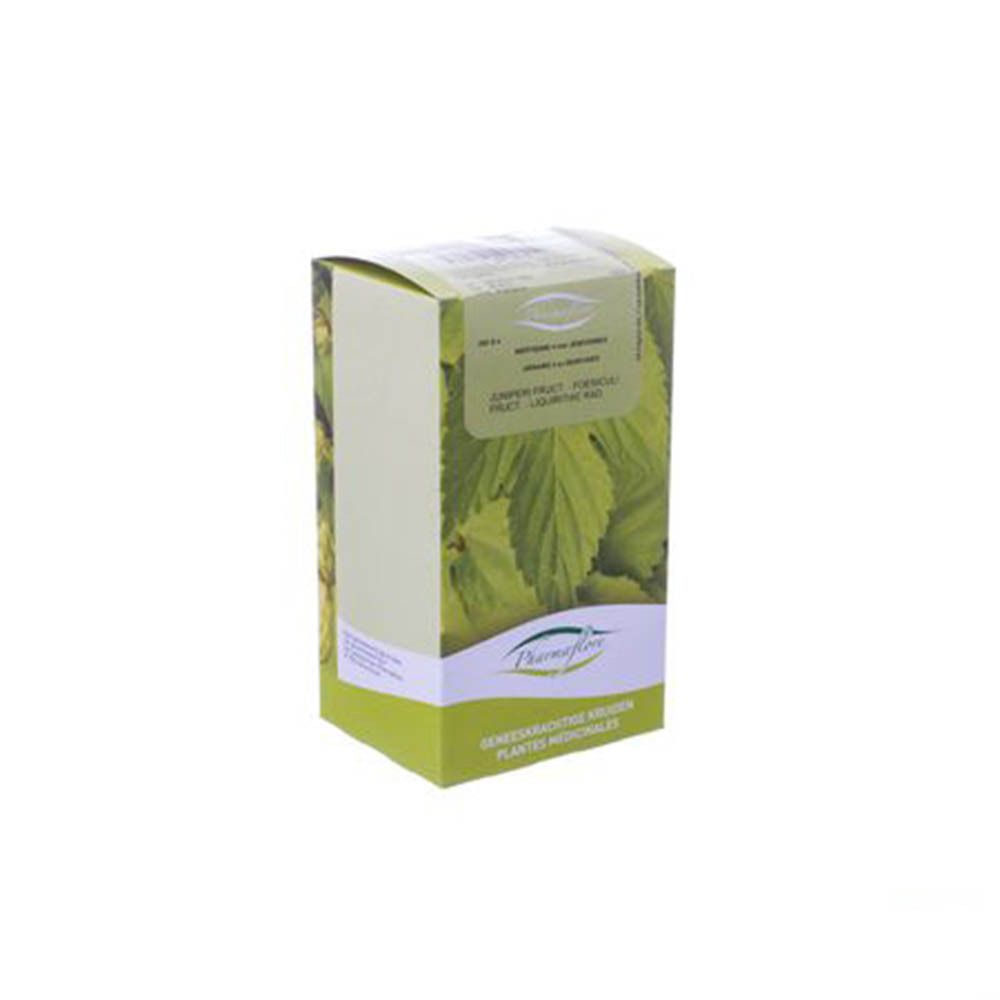 Groene doos met bladeren en tekst. Logo Pharmaflore. Natural Solutions. Op witte achtergrond.