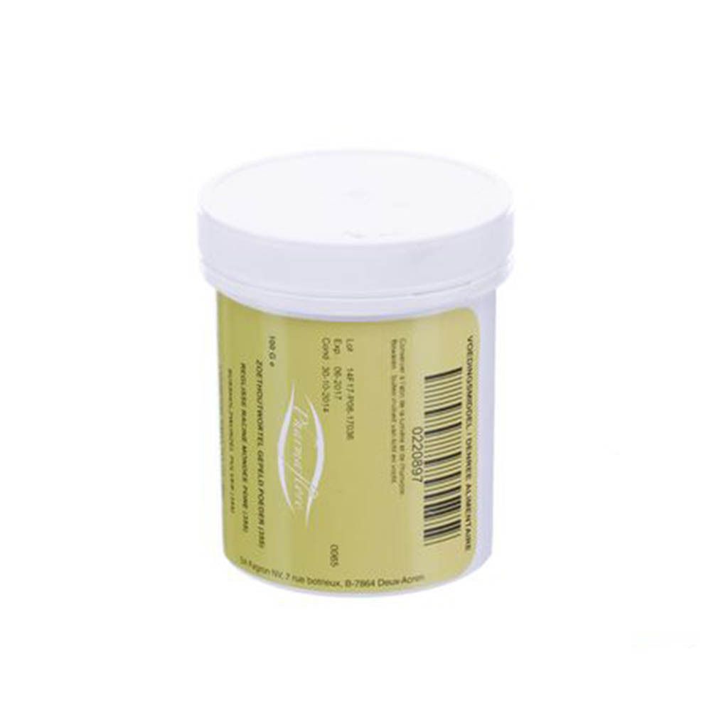 Récipient blanc avec couvercle. Étiquette avec texte, code-barres et logo. Niveau non visible.