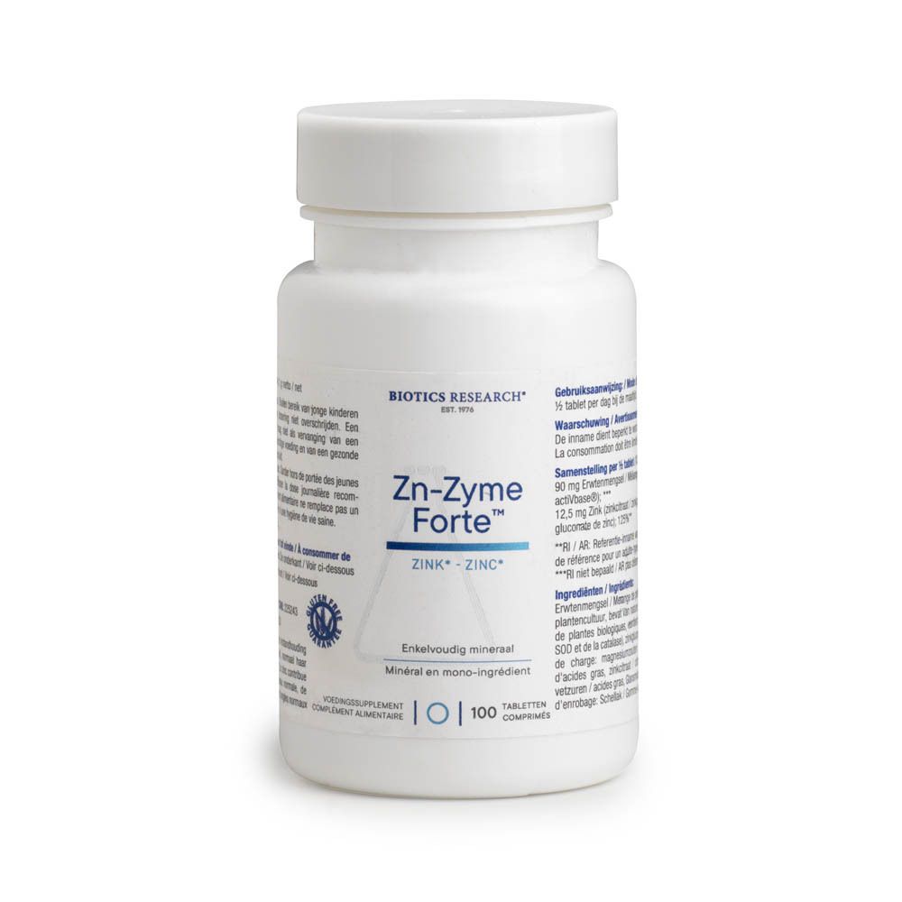 Witte fles Zn-Zyme Forte. Opschrift: Zink/Zinc, Voedingssupplement. 100 tabletten. Biotics Research.