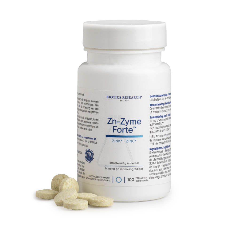 Witte fles Zn-Zyme Forte en tabletten. Opschrift: Zink/Zinc, Voedingssupplement. 100 tabletten. Biotics Research.