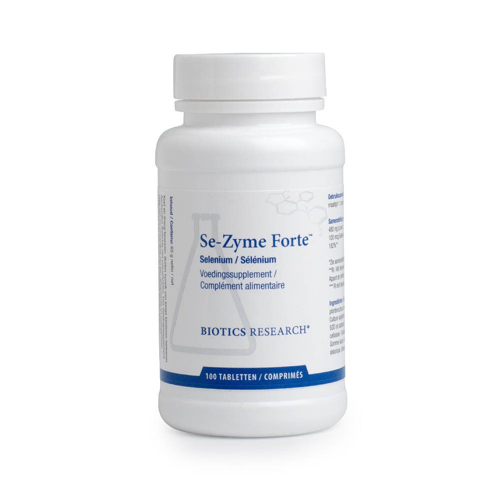 Flacon blanc Se-Zyme Forte™. Inscription: Selenium / Sélénium. Voedingssupplement / Complément alimentaire. 100 comprimés. Biotics Research.