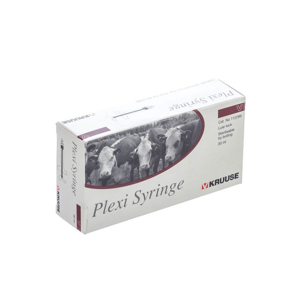 Emballage d'une seringue "Plexi Syringe" avec image de bovins et logo Kruuse.