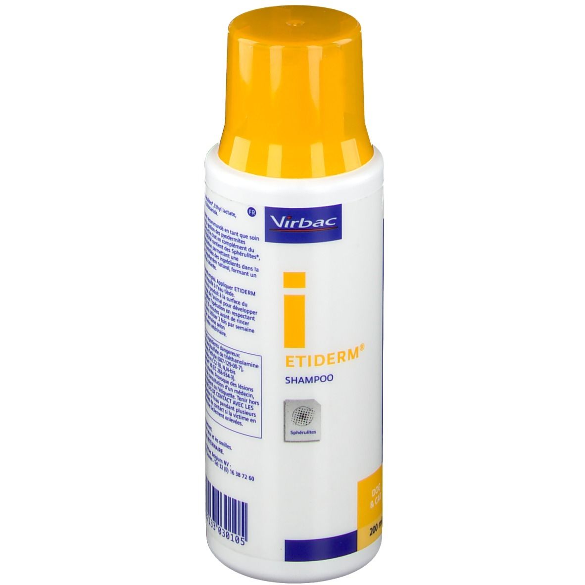Witte fles met gele dop. Opschrift: Etiderm Shampoo, Virbac logo. Bevat 200 ml.