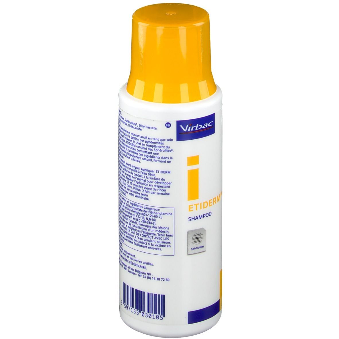 Witte fles met gele dop. Opschrift: Etiderm Shampoo. Achterkant met tekst. Bevat 200 ml.
