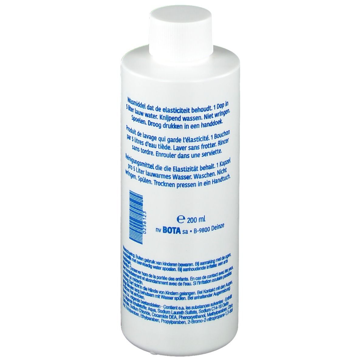 Flacon blanc avec bouchon blanc. Inscriptions et code-barres. Texte en néerlandais et français. Bota Renovelastic.