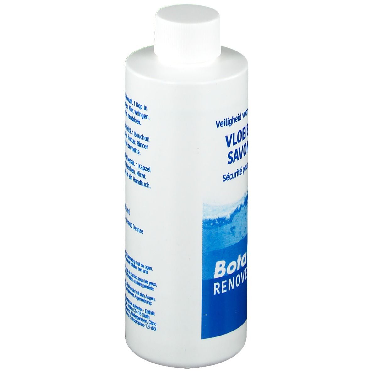 Bouteille blanche avec bouchon blanc, étiquetée "VLOER SAVON" et "Bota RENOV".