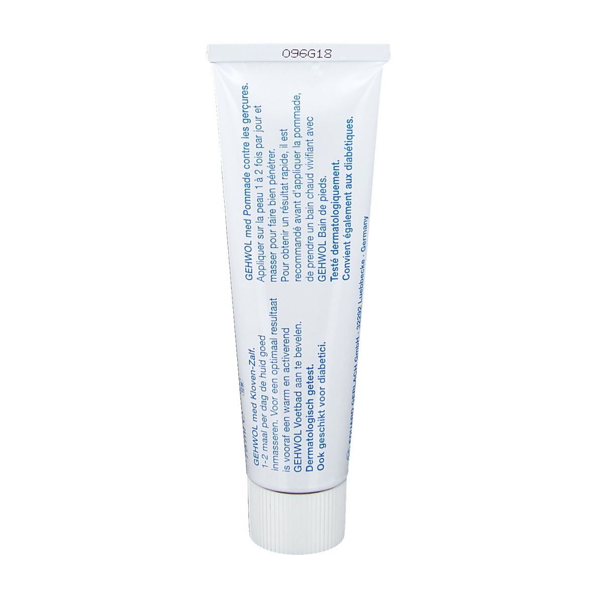 Achterkant van een crèmetube. Tekst in het Duits, Frans en Nederlands. Witte achtergrond.