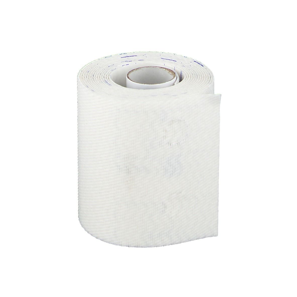 Rouleau de bandage blanc. Rouleau intérieur en carton. Structure tissée. Impression sur le bord.