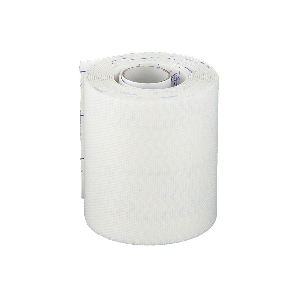 Rouleau de bandage blanc. Rouleau intérieur en carton. Structure tissée. Impression sur le bord.