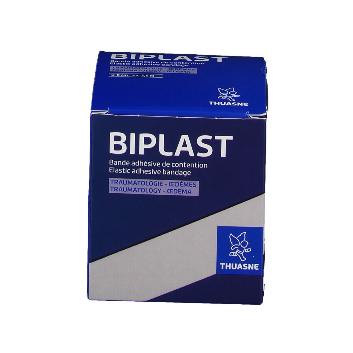 Emballage bleu. Nom du produit BIOPLAST. Texte: Bandage, traumatologie, œdèmes. Logo THUASNE.