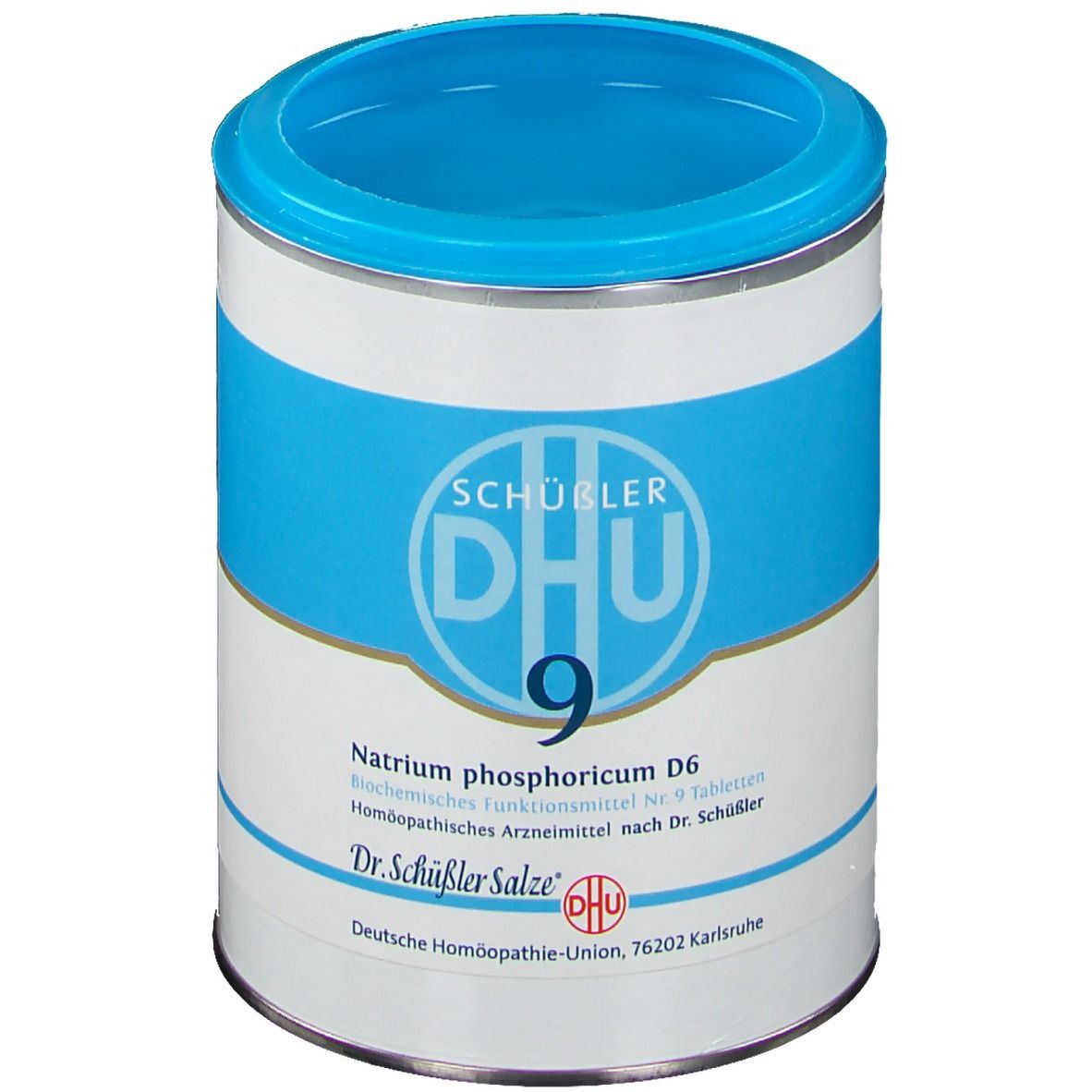 Cilindrische doos met blauw deksel. Opschrift: DHU, Nr. 9, Natrium phosphoricum D6. Fabrikant: Dr. Schüßler Salze.