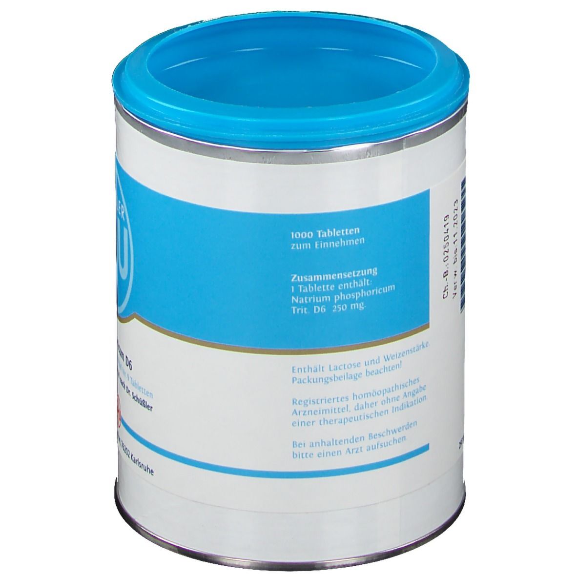 Cilindrische doos met blauw deksel. Achterkant met tekst: 1000 tabletten, samenstelling, ingrediënten, fabrikantinfo.