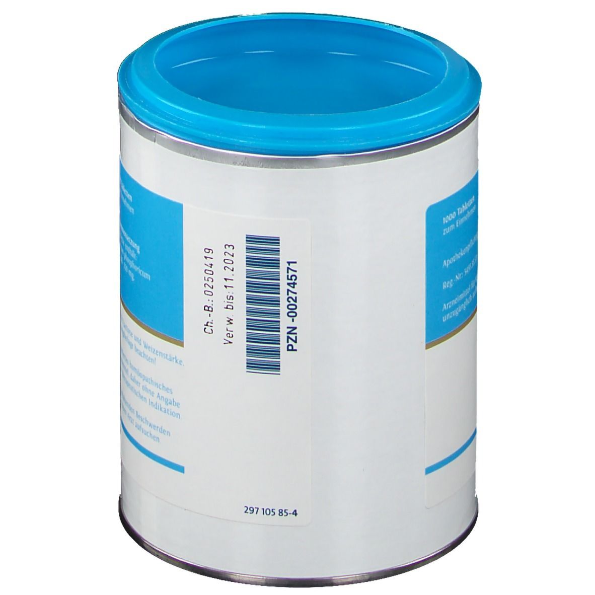 Cilindrische doos met blauw deksel. Sticker met PZN-nummer en vervaldatum. Witte doos met blauwe tekst.