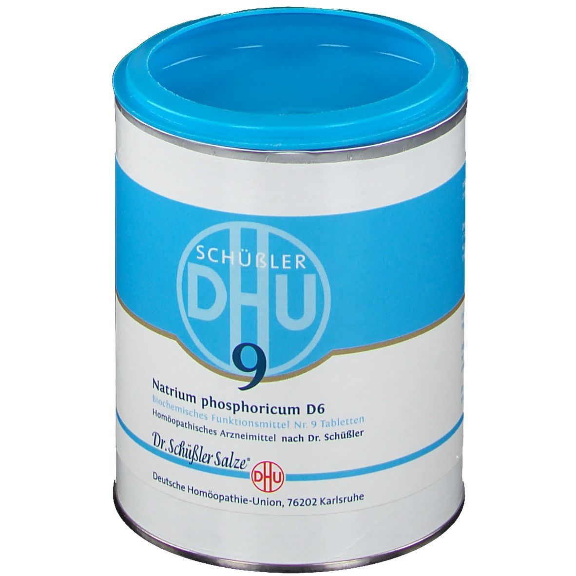 Cilindrische doos met blauw deksel. Opschrift: DHU, Nr. 9, Natrium phosphoricum D6. Fabrikant: Dr. Schüßler Salze.